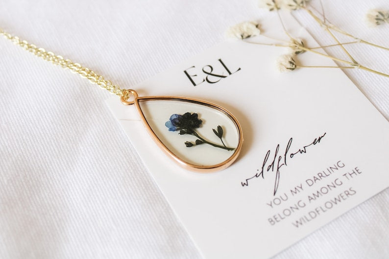 Forget-Me-Not Teardrop Pendant Wildflower Necklace | Resin Necklace | Dried Wildflowers | Mother's Day Gift | Real Flower Jewelry