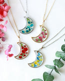 Handmade Pressed Flower Real Flower Floral Baby's Breath Crescent Moon Resin Necklace Mother's Day Gift for women girls