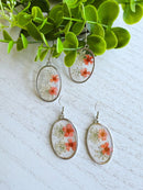 Baby's Breath Pressed Flower Earrings | Real Wildflower Earrings | Dry White Orange Flower Oval Earrings | Resin Dried Floral Dangle Drop