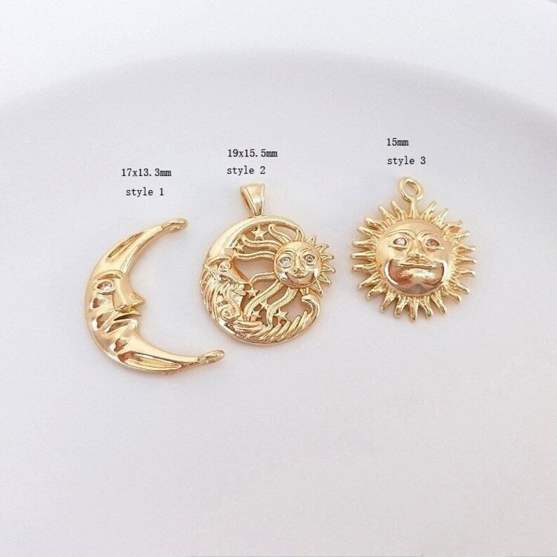 10pcs moon, sun face cz pave charm pendant, brass gold plated Material Craft Supplies