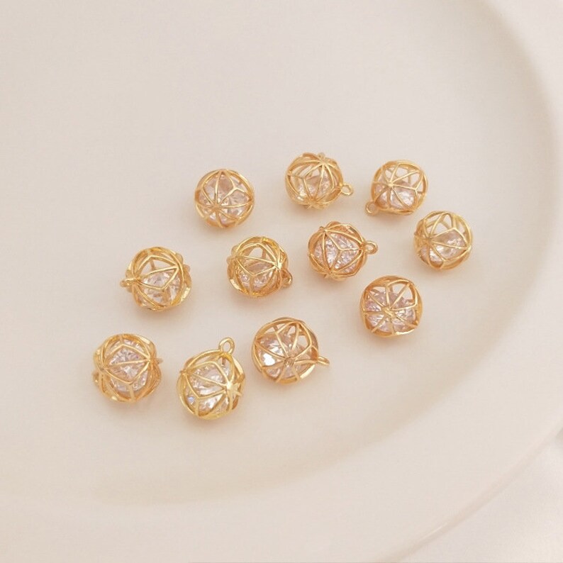 4pcs hollow flower ball 10mm CZ Pave Charm Pendant, ball crystal glass Zircon Connector Pendant, Jewelry Making, Material Craft Supplies