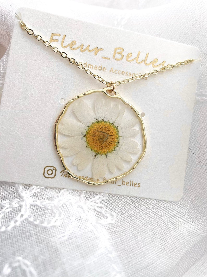 Handmade 14k Gold Plated Necklaces with White Daisies, Real Pressed Flowers, Special, Unique, Gift for Her