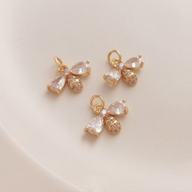 4pcs little bee CZ Pave Charm, 14X10mm little bee Zircon Pendant , Jewelry Making, Zircon Material Craft Supplies