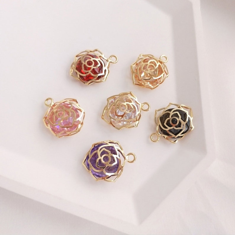 rose flower crystal glass charm, Brass, Cubic zirconia, Nickel free, flowe pendant, Unique charm, Jewelry making supplies 4pcs