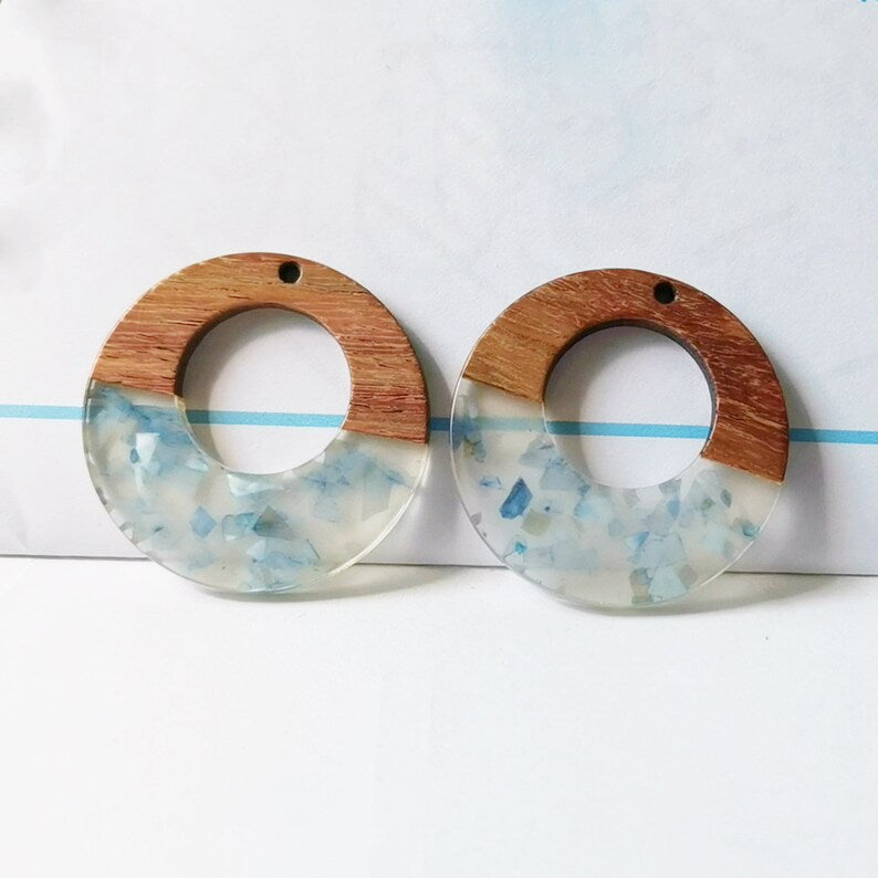 4pcs Epoxy Resin Pendants, Semi Translucent White Resin Findings, Wood and Resin Pendant, Color Blocked, Large Round Charm