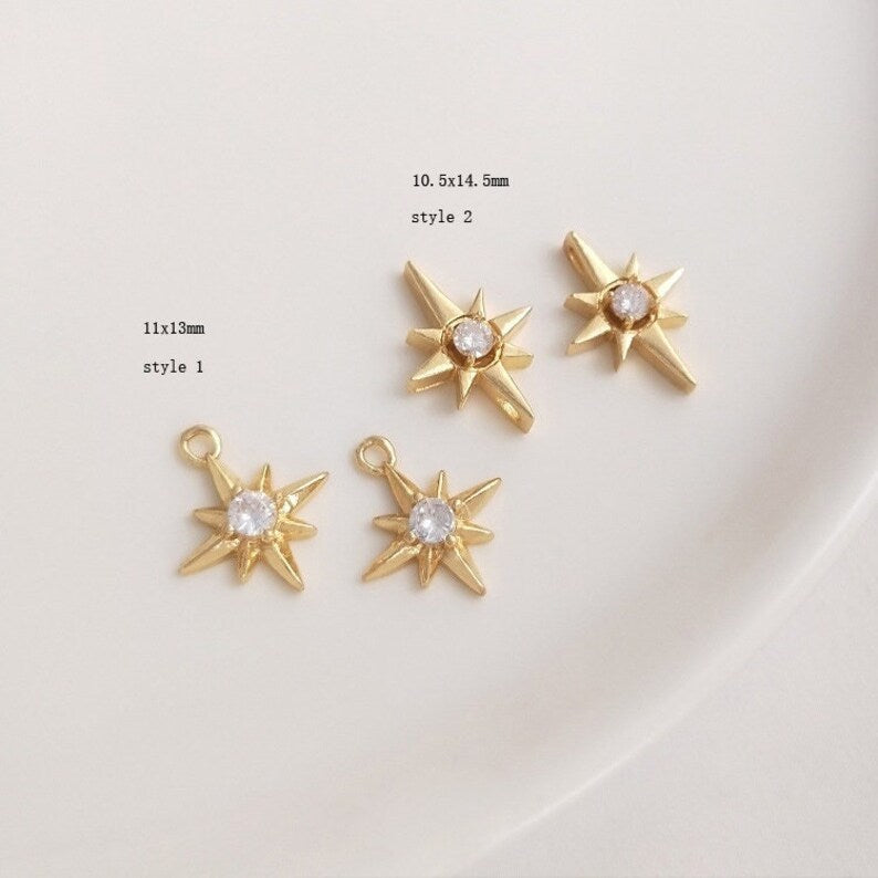 10pcs eight-pointed star CZ Paved bee Charm, Gold Plated Brass Earring Findings, shape cubic charm, zirconia pendant