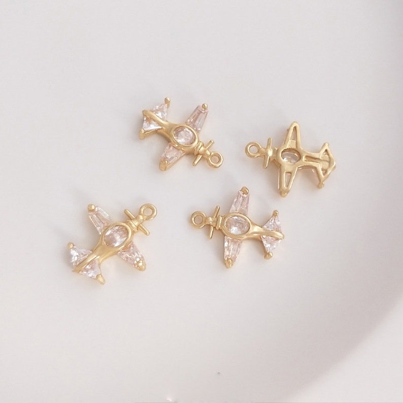 10pcs Small airplane CZ Paved Charm, Gold Plated Brass Earring Findings, shape cubic charm, airplane zirconia pendant