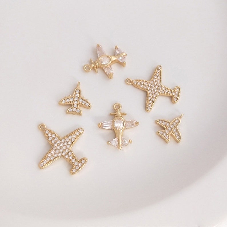 10pcs Small airplane CZ Paved Charm, Gold Plated Brass Earring Findings, shape cubic charm, airplane zirconia pendant