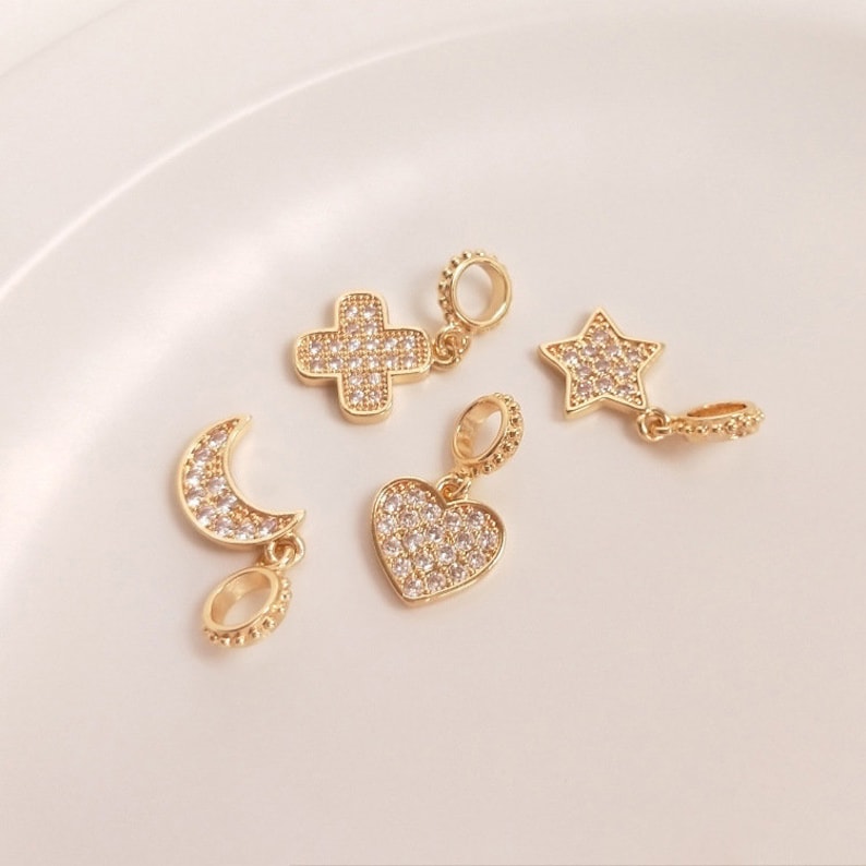 10pcs stars, moon, cross cz pave charm, bracelet necklace pendant, brass gold plated, heart pave charm, Material Craft Supplies