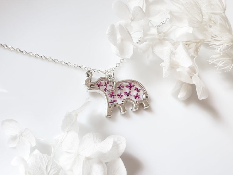 Silver Elephant Necklace For Women | Jewellery Gifts For Elephant Lovers | Purple Elephant Real Flower Necklace | Real Flower Necklace Gift