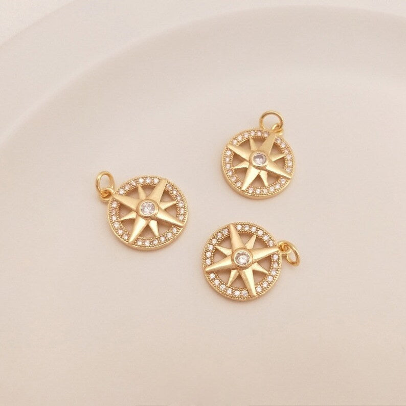 4pcs eight-pointed star cz pave charm, star pendant, brass gold plated, star charm, Material Craft Supplies