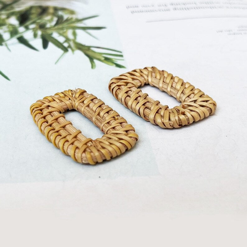 4pcs Natural Rattan Wood Earring Hoops, Rectangle Wooden Charms Handwoven Circle Findings Woven Boho Jewelry Making Blanks