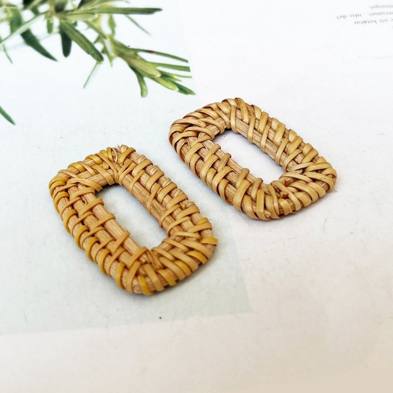 4pcs Natural Rattan Wood Earring Hoops, Rectangle Wooden Charms Handwoven Circle Findings Woven Boho Jewelry Making Blanks