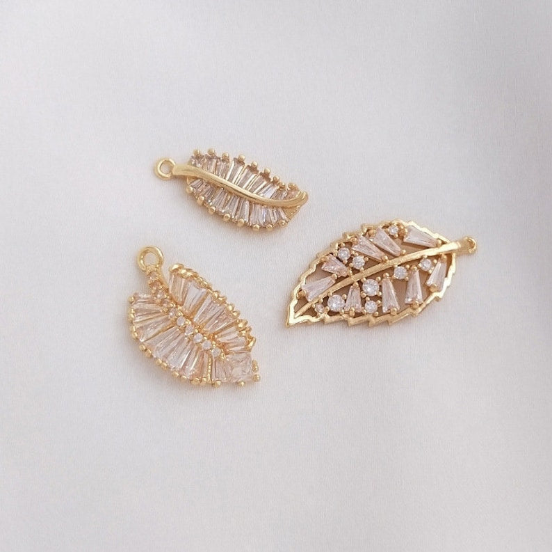 4pcs leaves cz pave Leaves pendant charm, brass gold plated necklace pendant, pave charm