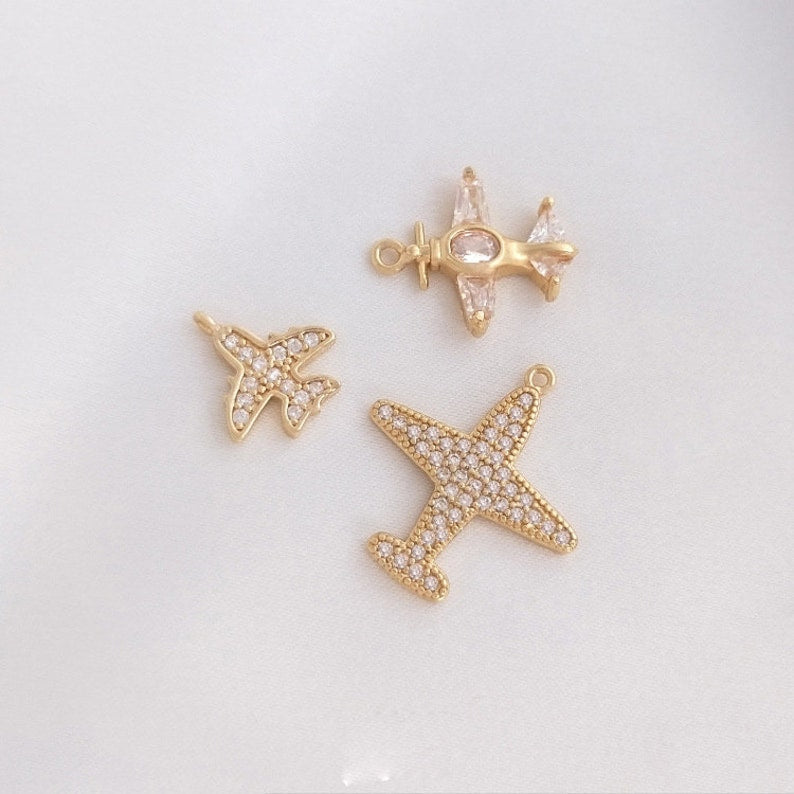 10pcs Small airplane CZ Paved Charm, Gold Plated Brass Earring Findings, shape cubic charm, airplane zirconia pendant