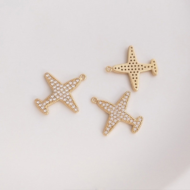 10pcs Small airplane CZ Paved Charm, Gold Plated Brass Earring Findings, shape cubic charm, airplane zirconia pendant