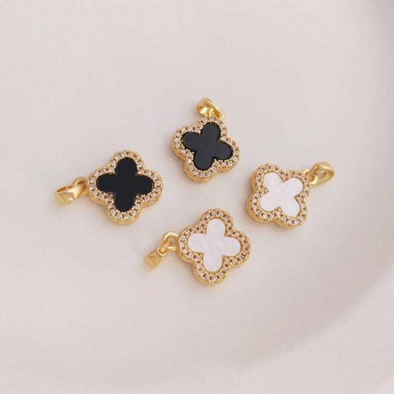 2pcs 18K gold, four-leaf clover CZ Pave bow tie pendant, , with black Charm, 14.5mm Zircon Jewelry Making, Nickel free