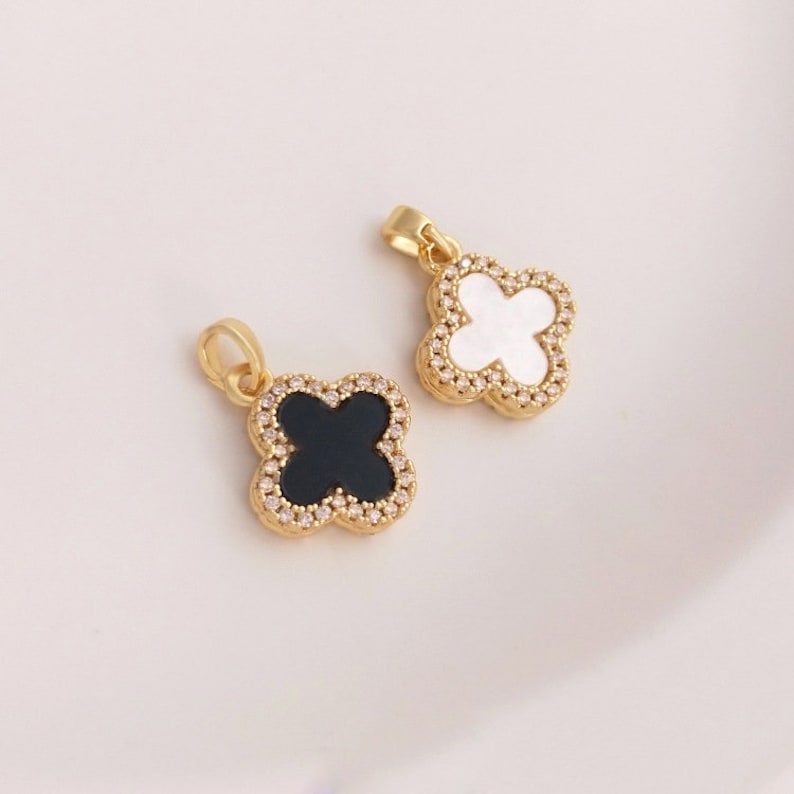 2pcs 18K gold, four-leaf clover CZ Pave bow tie pendant, , with black Charm, 14.5mm Zircon Jewelry Making, Nickel free