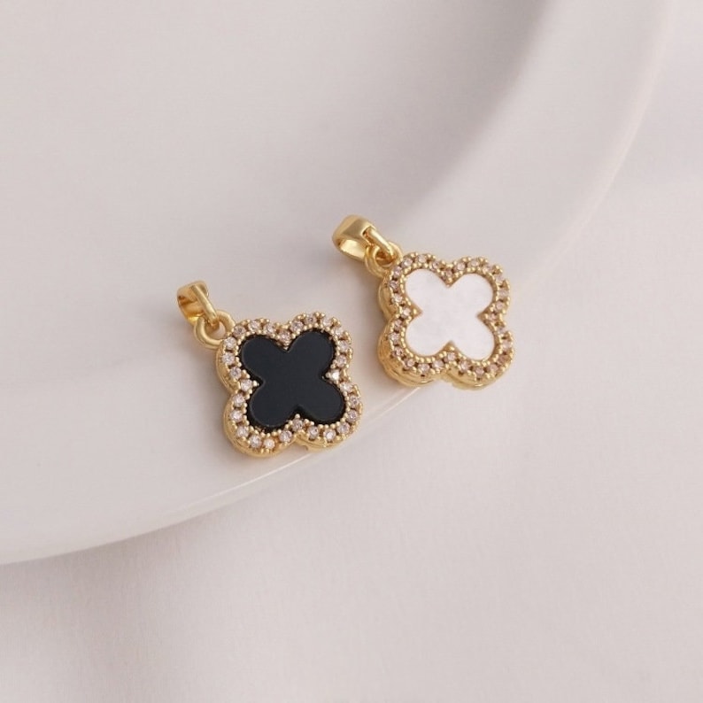 2pcs 18K gold, four-leaf clover CZ Pave bow tie pendant, , with black Charm, 14.5mm Zircon Jewelry Making, Nickel free