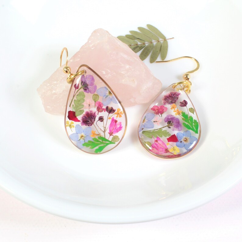 Pressed Flower Dangle Earrings, Large Gold Teardrop Wildflower Botanical Resin Plant Jewelry, Handmade Real Dry Flower Colorful Lightweight