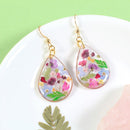 Pressed Flower Dangle Earrings, Large Gold Teardrop Wildflower Botanical Resin Plant Jewelry, Handmade Real Dry Flower Colorful Lightweight