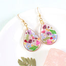 Pressed Flower Dangle Earrings, Large Gold Teardrop Wildflower Botanical Resin Plant Jewelry, Handmade Real Dry Flower Colorful Lightweight