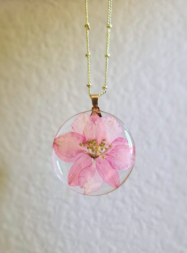 July birth flower necklace, Larkspur flower,Handmade Birth Month Real Flower Necklace,Personalized Handmade,Pressed Resin Pendant Jewelry