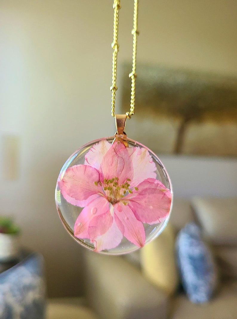 July birth flower necklace, Larkspur flower,Handmade Birth Month Real Flower Necklace,Personalized Handmade,Pressed Resin Pendant Jewelry