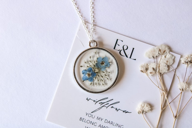 Sterling Silver Forget-Me-Not and Queen Anne's Lace Pressed Wildflower Necklace | Resin Necklace | Dried Wildflowers | Christmas Gift