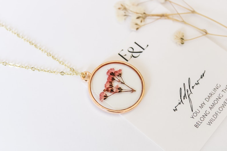 Pink Baby's Breath Pressed Wildflower Necklace | Resin Necklace | Dried Wildflowers | Handmade | Real Flower | Gift for Her