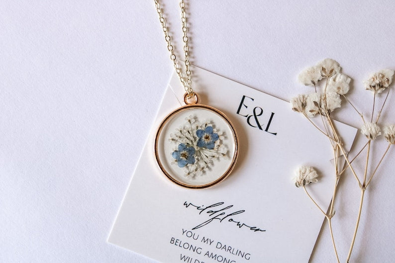 Forget-Me-Not and Queen Anne's Lace Pressed Wildflower Necklace | Resin Necklace | Dried Wildflowers | Mother's Day Gift | Real Flower