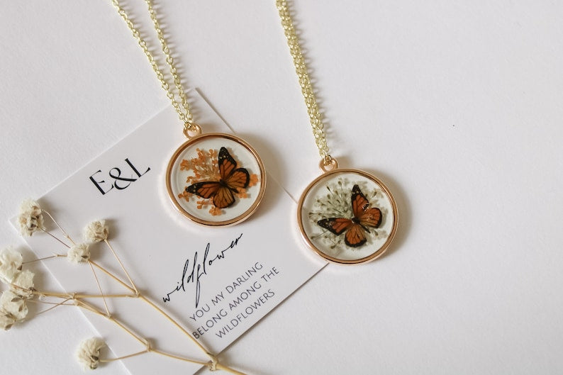 Monarch Butterfly Necklace | Save our Monarchs | Pressed Wildflower Necklace | Resin Necklace | Dried Wildflowers