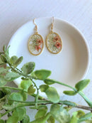 Baby's Breath Pressed Flower Earrings | Real Wildflower Earrings | Dry White Orange Flower Oval Earrings | Resin Dried Floral Dangle Drop