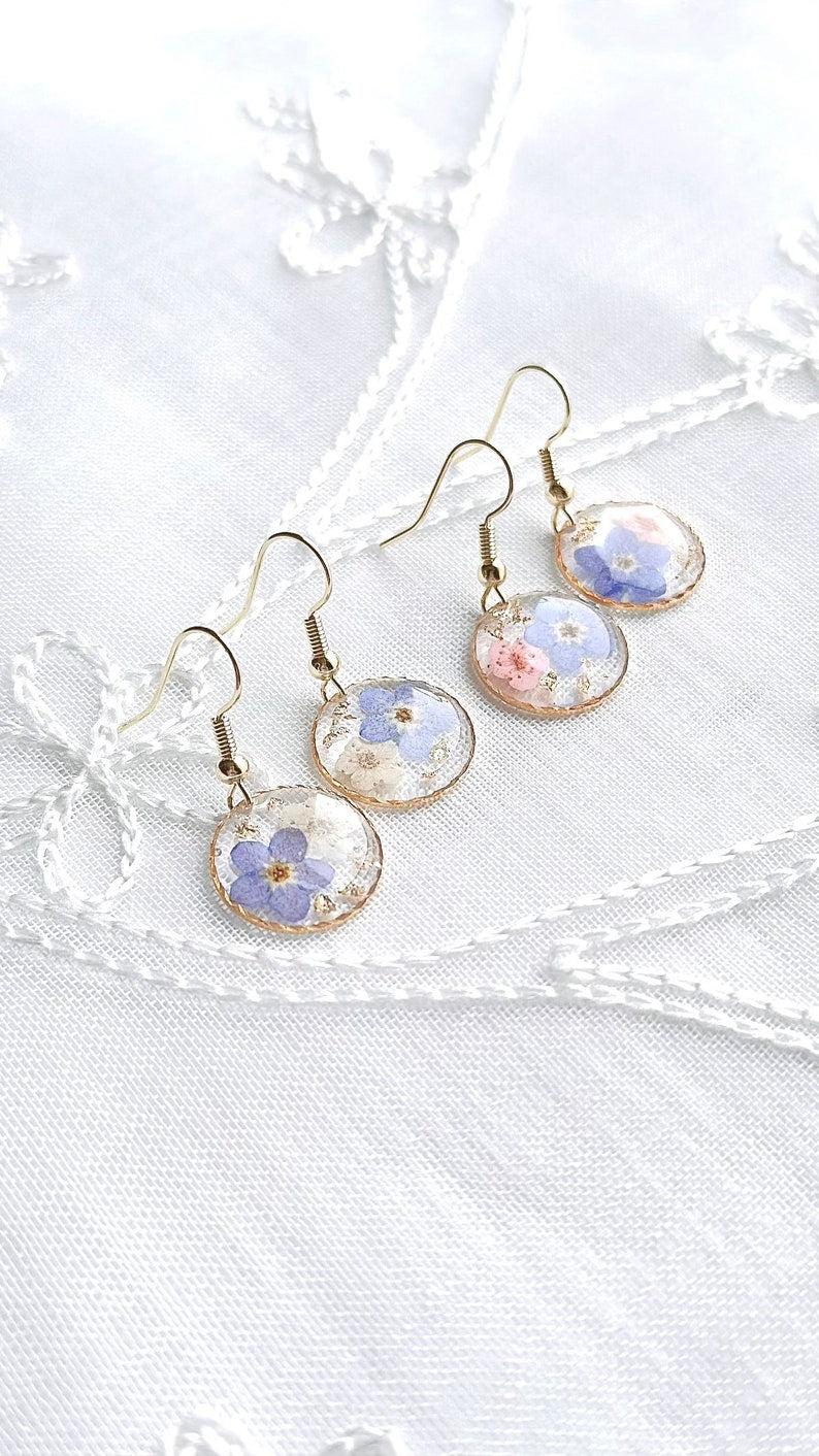 Forget Me Not Real Flowers Round Dangle Earrings, Handmade Dry Pressed Flowers Earrings, Sterling Silver, Gold Plated, Blue, Pink