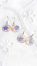 Forget Me Not Real Flowers Round Dangle Earrings, Handmade Dry Pressed Flowers Earrings, Sterling Silver, Gold Plated, Blue, Pink