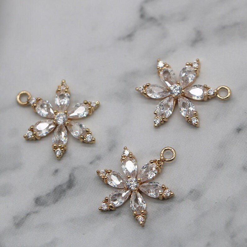 10pcs cz pave flower charm, six petal flower bracelet necklace pendant, brass gold plated, pave charm, Material Craft Supplies