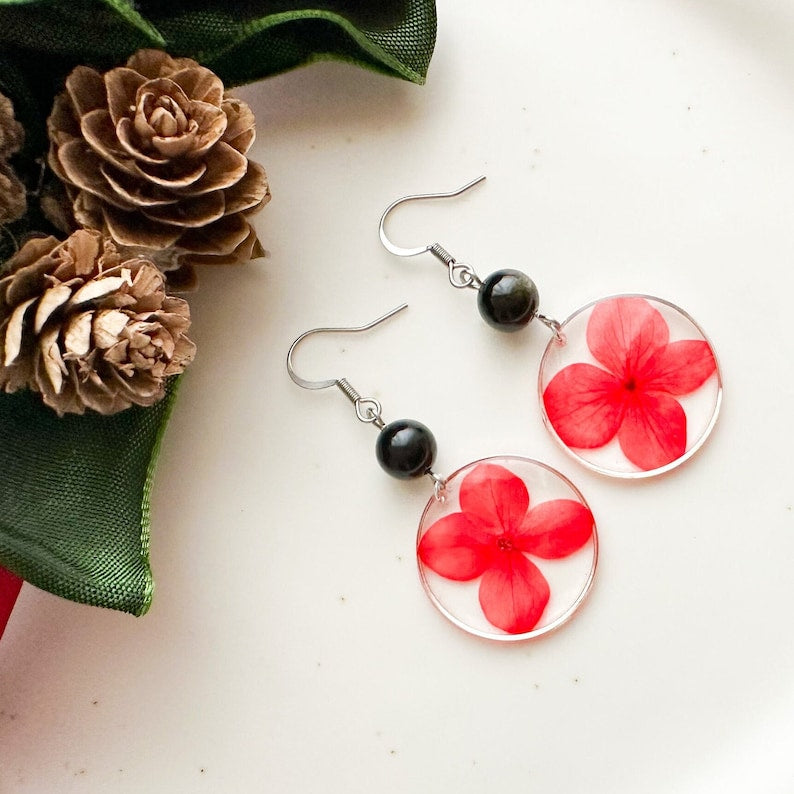 Colored resin earrings, Red flower earrings, Black stone earrings, Obsidian earrings, Stainless steel earrings, Gift idea Woman