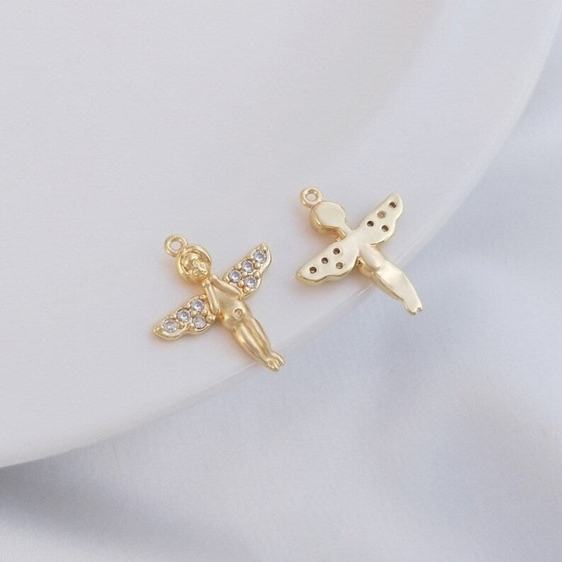 10pcs cz pave little angel charm pendant, 14.5x17.5mm brass gold plated bracelet necklace pendant, little angel pave charm