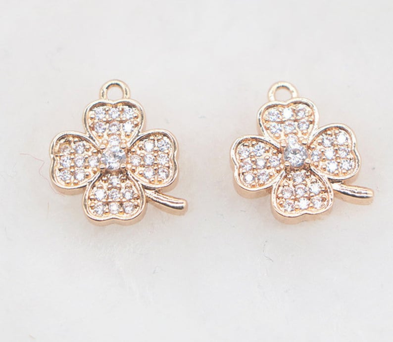 10pcs four leaf clover Heart CZ Pave Charm, four leaf clover zircon Charm Pendant, Diy Glass crystal Pave Charm, Jewelry Making Supplies