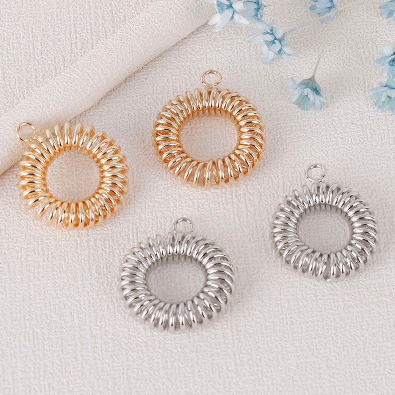 6PCS. Circle Charm, Round Dangle,Spring Charm Pendant, Quality Gold Plated over Brass, Earrings diy, Brass Finding