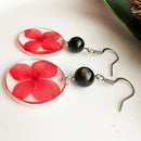 Colored resin earrings, Red flower earrings, Black stone earrings, Obsidian earrings, Stainless steel earrings, Gift idea Woman