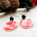 Colored resin earrings, Red flower earrings, Black stone earrings, Obsidian earrings, Stainless steel earrings, Gift idea Woman