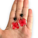 Colored resin earrings, Red flower earrings, Black stone earrings, Obsidian earrings, Stainless steel earrings, Gift idea Woman