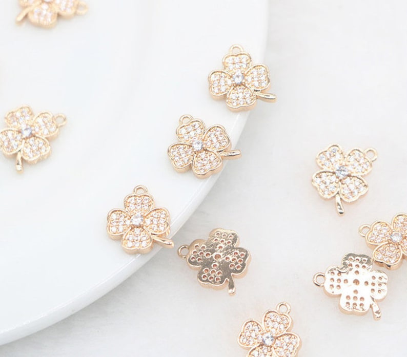 10pcs four leaf clover Heart CZ Pave Charm, four leaf clover zircon Charm Pendant, Diy Glass crystal Pave Charm, Jewelry Making Supplies