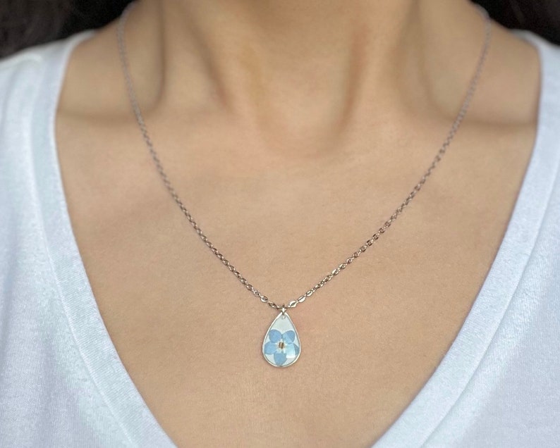 Forget Me Not Necklace, Real Pressed Flower, Minimalist Resin Jewelry, Teardrop Pendant, 18 Inch Stainless Steel Chain