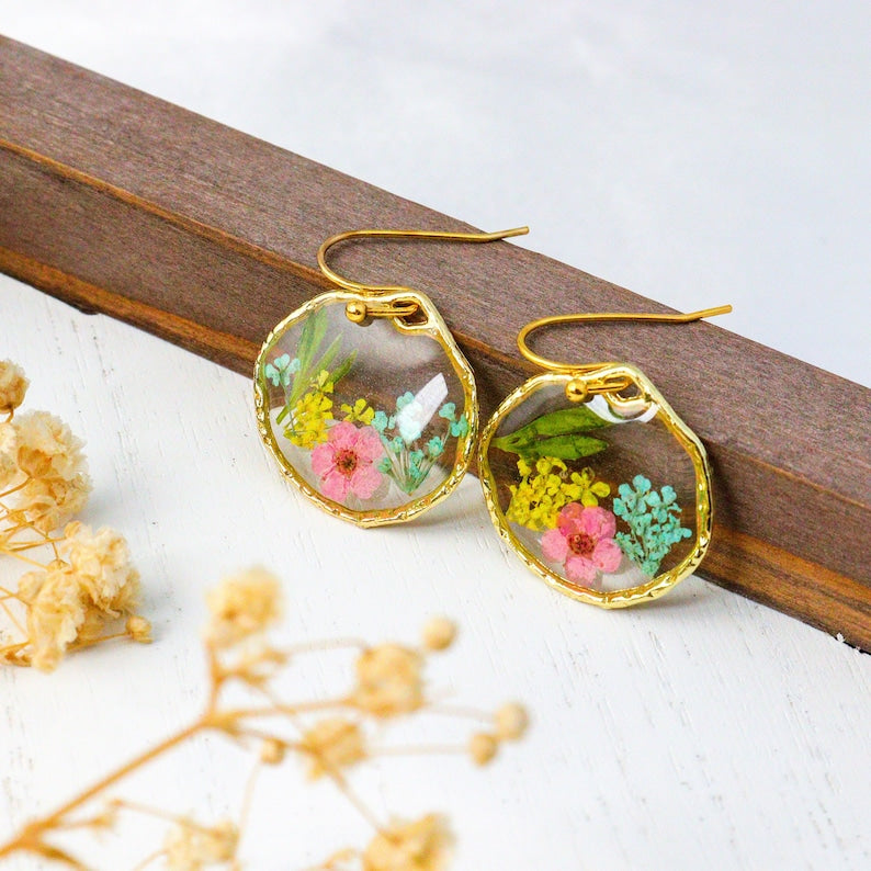 Round Real Flower Dangle Drop Earrings, Pressed Dried Flower Earrings, Hypoallergenic Gold-filled Earring Hook Earings,Summer Jewelry