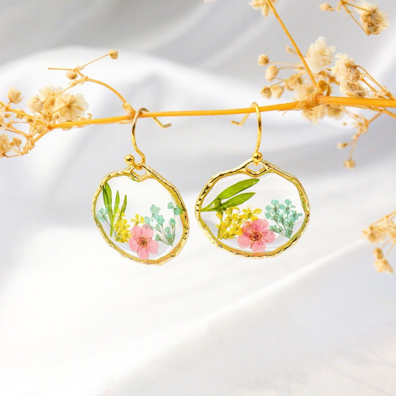 Round Real Flower Dangle Drop Earrings, Pressed Dried Flower Earrings, Hypoallergenic Gold-filled Earring Hook Earings,Summer Jewelry