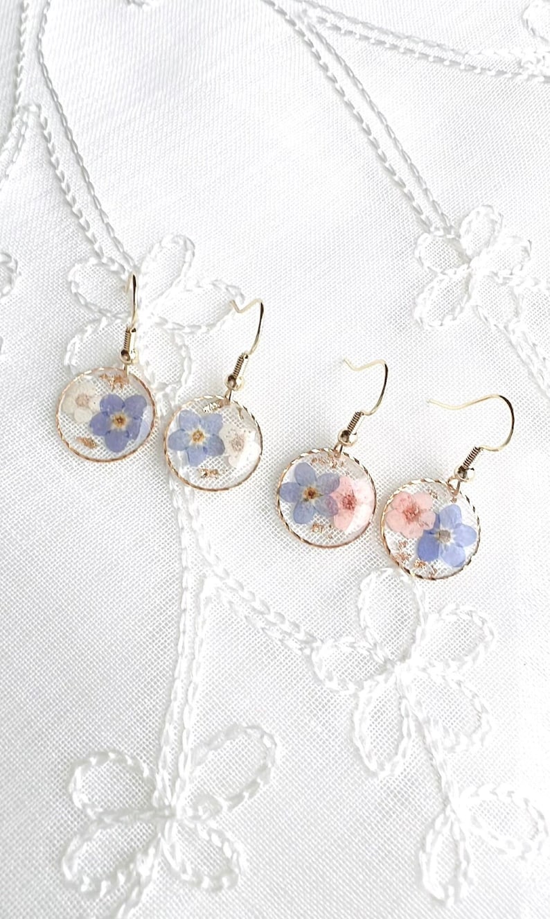 Forget Me Not Real Flowers Round Dangle Earrings, Handmade Dry Pressed Flowers Earrings, Sterling Silver, Gold Plated, Blue, Pink