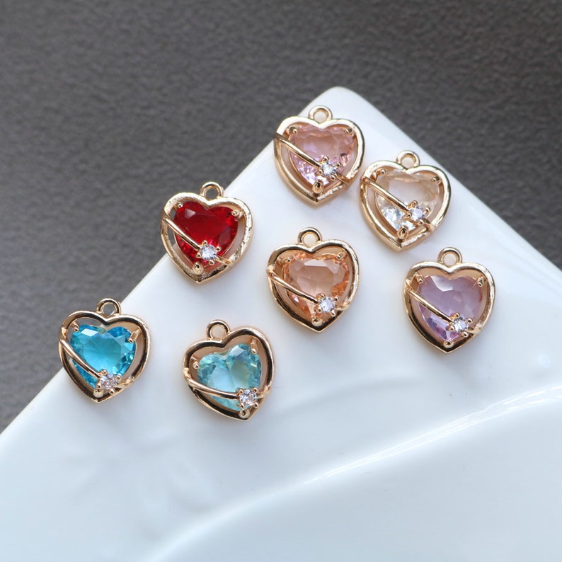 10pcs heart Glass Charm Pendant, 5mm CZ Pave Charm, heart Zircon ball Pendant, 15*22mm Jewelry Making, Material Craft Supplies