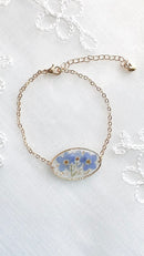 Forget Me Not Real Flower Oval Shaped Bracelets, Handmade 18K Gold Plated Dry flowers Bracelet, Chain & Link Bracelets, Gift for her